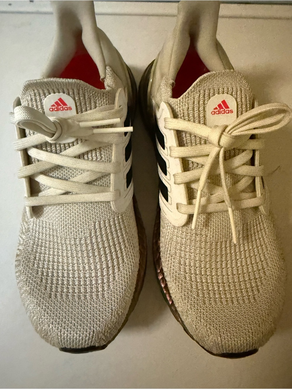 adidas Cream Knit Sneakers with Black Stripes